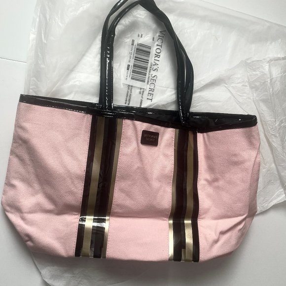 New Victoria's Secret Pink Canvas with Black Gold Stripe Weekender Tote Bag - Picture 4 of 11